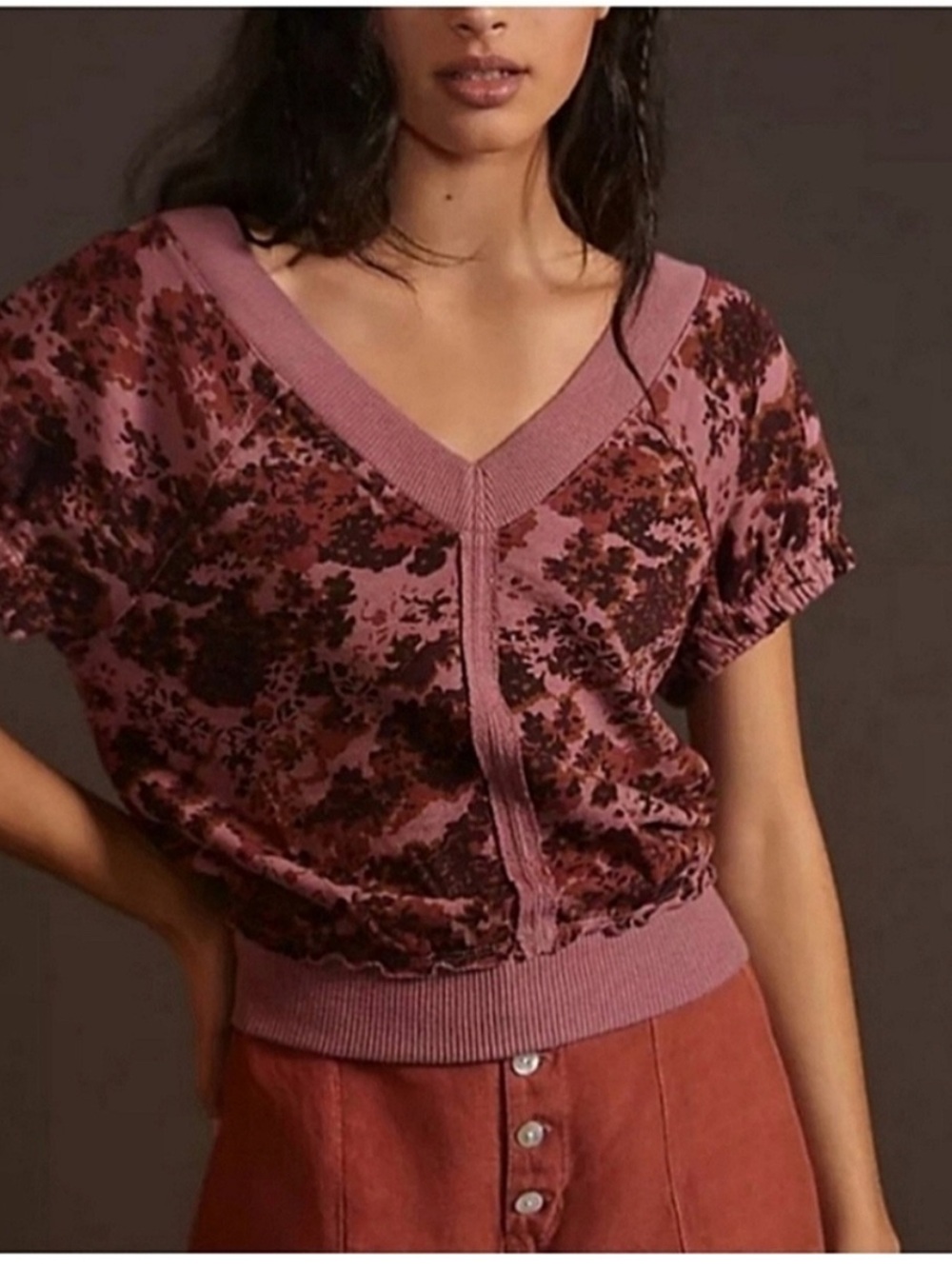 Pilcro Anthropologie Floral V-Neck Short Sleeve Sweater Sweatshirt XS
